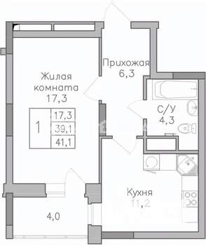 1-к квартира, строящийся дом, 41м2, 15/25 этаж
