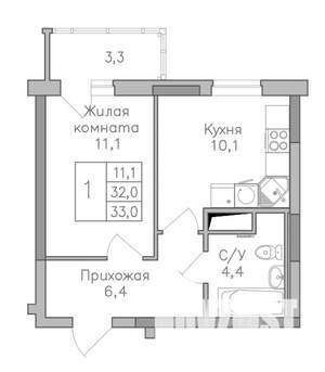 1-к квартира, строящийся дом, 33м2, 25/25 этаж