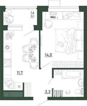 1-к квартира, строящийся дом, 35м2, 9/13 этаж