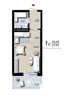 Студия квартира, вторичка, 27м2, 3/16 этаж