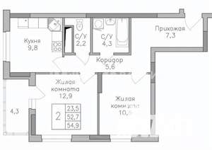 2-к квартира, строящийся дом, 55м2, 23/25 этаж