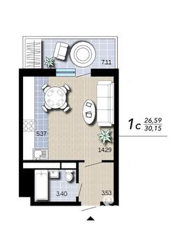 Студия квартира, вторичка, 30м2, 6/16 этаж