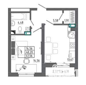1-к квартира, вторичка, 42м2, 3/17 этаж