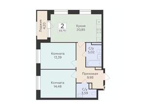 2-к квартира, строящийся дом, 70м2, 6/12 этаж