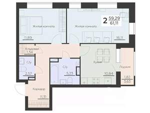 2-к квартира, строящийся дом, 61м2, 6/14 этаж