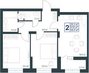 2-к квартира, строящийся дом, 59м2, 3/25 этаж
