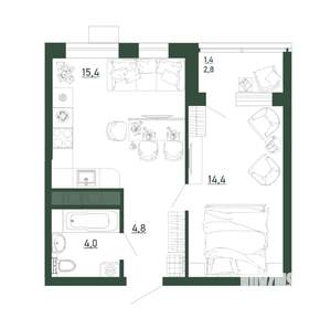 1-к квартира, строящийся дом, 40м2, 1/13 этаж