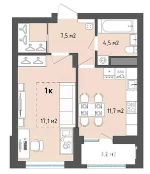 1-к квартира, строящийся дом, 42м2, 2/13 этаж