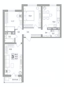 3-к квартира, строящийся дом, 76м2, 11/17 этаж