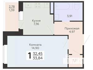 1-к квартира, вторичка, 34м2, 17/18 этаж