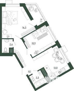 2-к квартира, строящийся дом, 56м2, 4/13 этаж