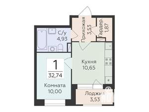 1-к квартира, строящийся дом, 33м2, 8/12 этаж