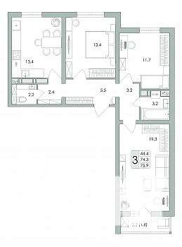 3-к квартира, строящийся дом, 76м2, 1/17 этаж