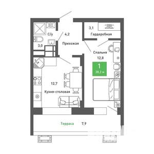 1-к квартира, строящийся дом, 38м2, 14/14 этаж