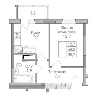 1-к квартира, строящийся дом, 35м2, 25/25 этаж