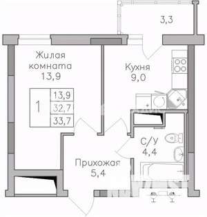 1-к квартира, строящийся дом, 34м2, 7/25 этаж