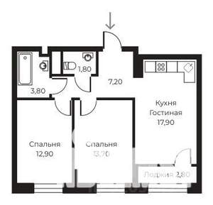 2-к квартира, строящийся дом, 59м2, 6/14 этаж