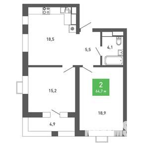 2-к квартира, строящийся дом, 65м2, 6/15 этаж