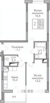 2-к квартира, строящийся дом, 62м2, 11/25 этаж