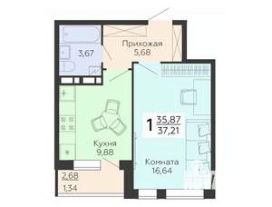 1-к квартира, строящийся дом, 37м2, 15/18 этаж