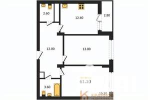 2-к квартира, вторичка, 61м2, 2/13 этаж