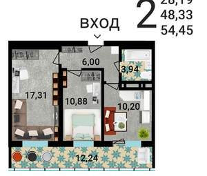 2-к квартира, строящийся дом, 54м2, 6/25 этаж