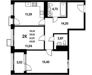 2-к квартира, строящийся дом, 61м2, 6/21 этаж