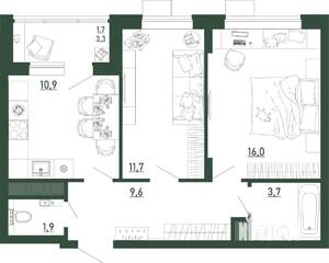 2-к квартира, строящийся дом, 56м2, 2/13 этаж