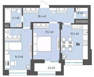 2-к квартира, сданный дом, 58м2, 4/13 этаж