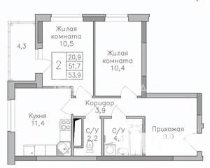 2-к квартира, строящийся дом, 54м2, 16/25 этаж
