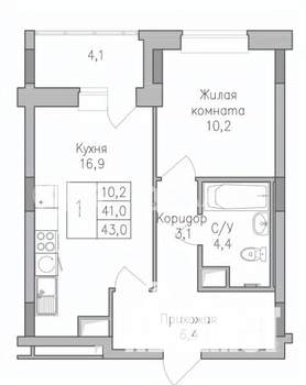 1-к квартира, строящийся дом, 43м2, 10/10 этаж
