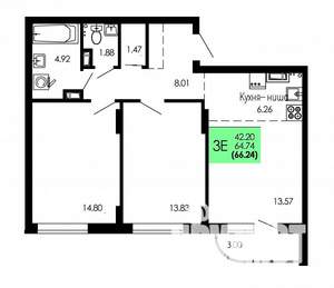 3-к квартира, строящийся дом, 66м2, 4/9 этаж