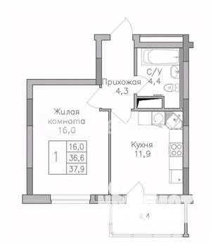 1-к квартира, строящийся дом, 38м2, 22/25 этаж