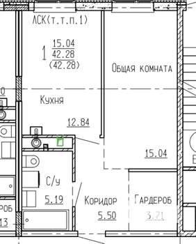 1-к квартира, вторичка, 42м2, 1/4 этаж