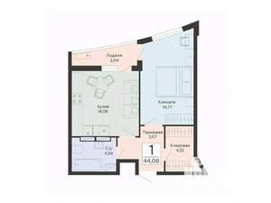 1-к квартира, строящийся дом, 44м2, 8/13 этаж