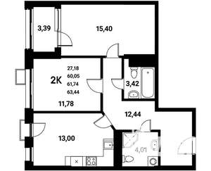 2-к квартира, строящийся дом, 62м2, 7/21 этаж