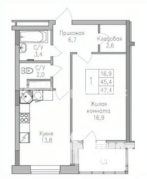 1-к квартира, строящийся дом, 47м2, 6/10 этаж