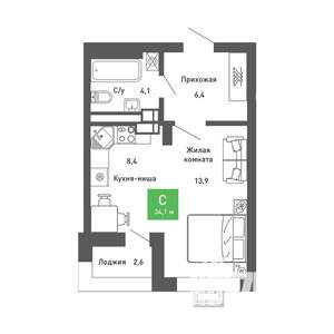 Студия квартира, строящийся дом, 34м2, 14/14 этаж