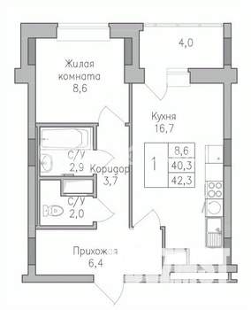 1-к квартира, строящийся дом, 42м2, 6/10 этаж
