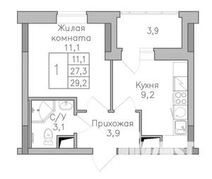 1-к квартира, строящийся дом, 29м2, 17/25 этаж