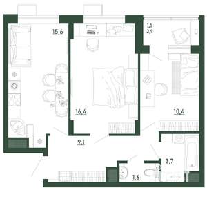 2-к квартира, строящийся дом, 58м2, 1/13 этаж