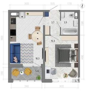 1-к квартира, вторичка, 43м2, 6/18 этаж