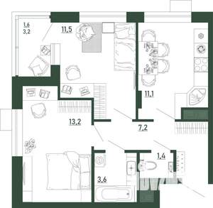 2-к квартира, строящийся дом, 50м2, 1/13 этаж