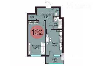 1-к квартира, сданный дом, 42м2, 10/10 этаж