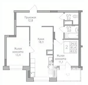 2-к квартира, строящийся дом, 64м2, 5/10 этаж