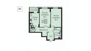 2-к квартира, вторичка, 65м2, 20/25 этаж