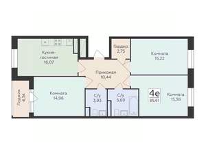 4-к квартира, строящийся дом, 87м2, 8/12 этаж