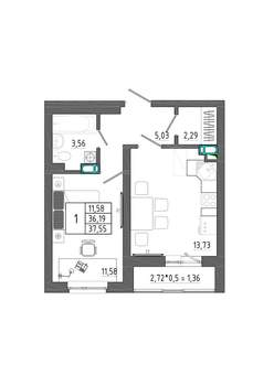 1-к квартира, строящийся дом, 38м2, 3/17 этаж