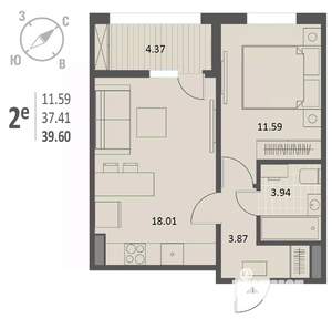 1-к квартира, строящийся дом, 40м2, 12/18 этаж