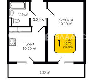 1-к квартира, строящийся дом, 40м2, 18/20 этаж